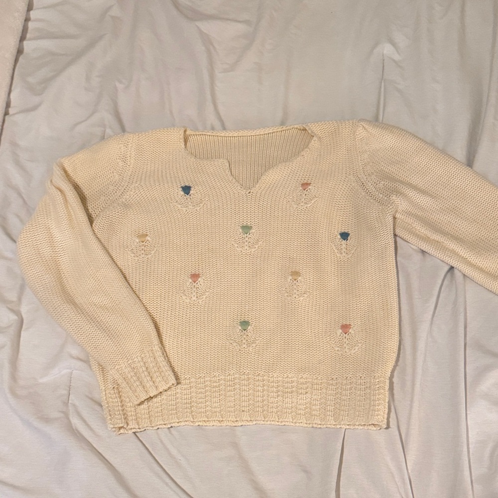 Cream Sweater with Embroidered Accents